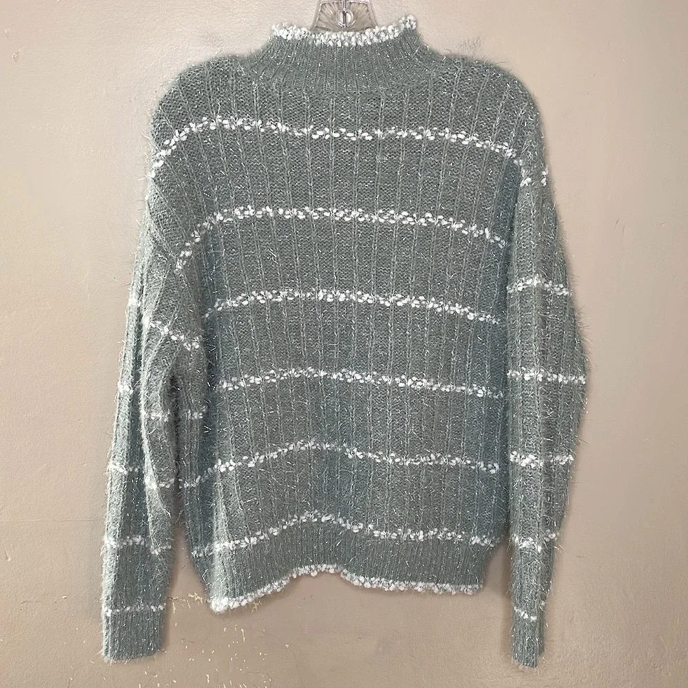 OPHELIA ROE Chunky Sweater Green & White Silver Eyelash Stretchy Mock Neck Med